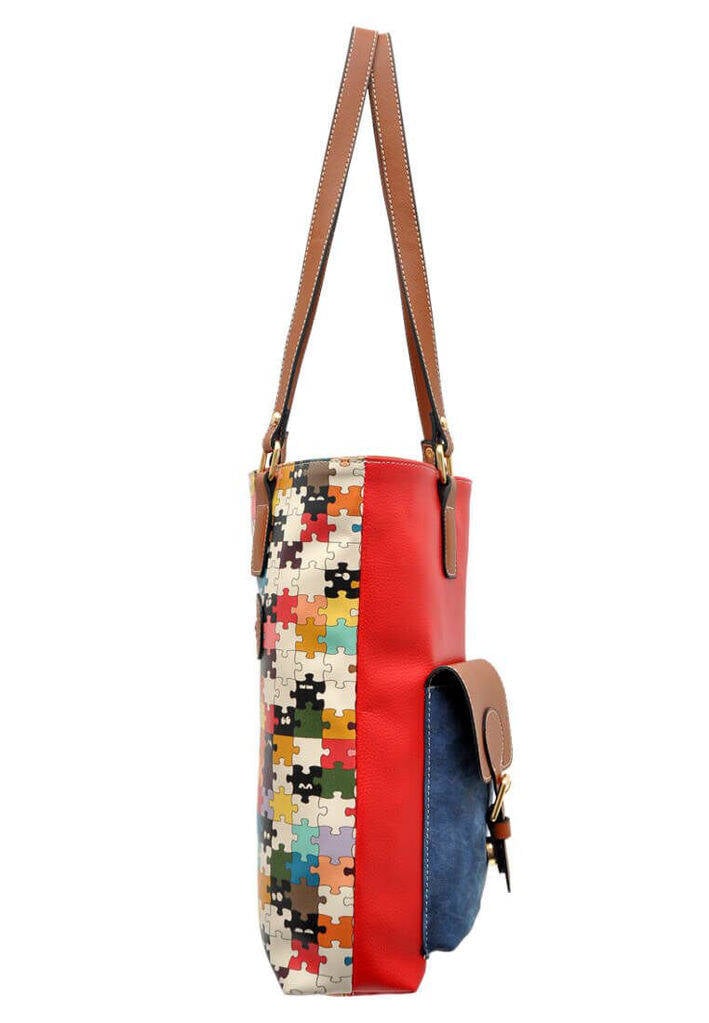 Women Vegan Leather Red Shoulder Bag - In the puzzle Design