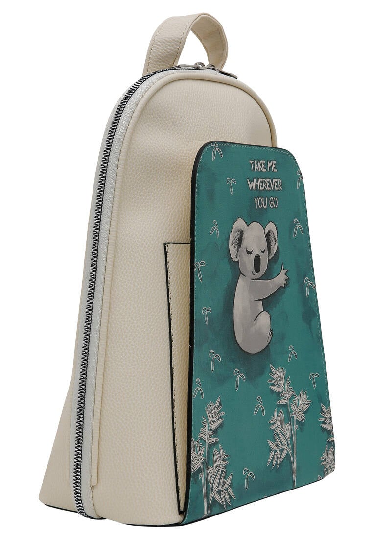 Women Vegan Leather Cream Backpack - Koala Hug Design