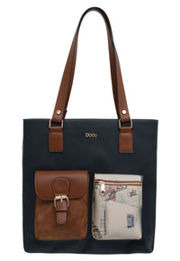 Women Vegan Leather Navy Shoulder Bag - Paperflower Design
