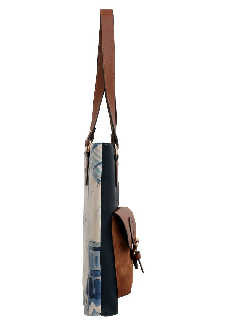 Women Vegan Leather Navy Shoulder Bag - Paperflower Design