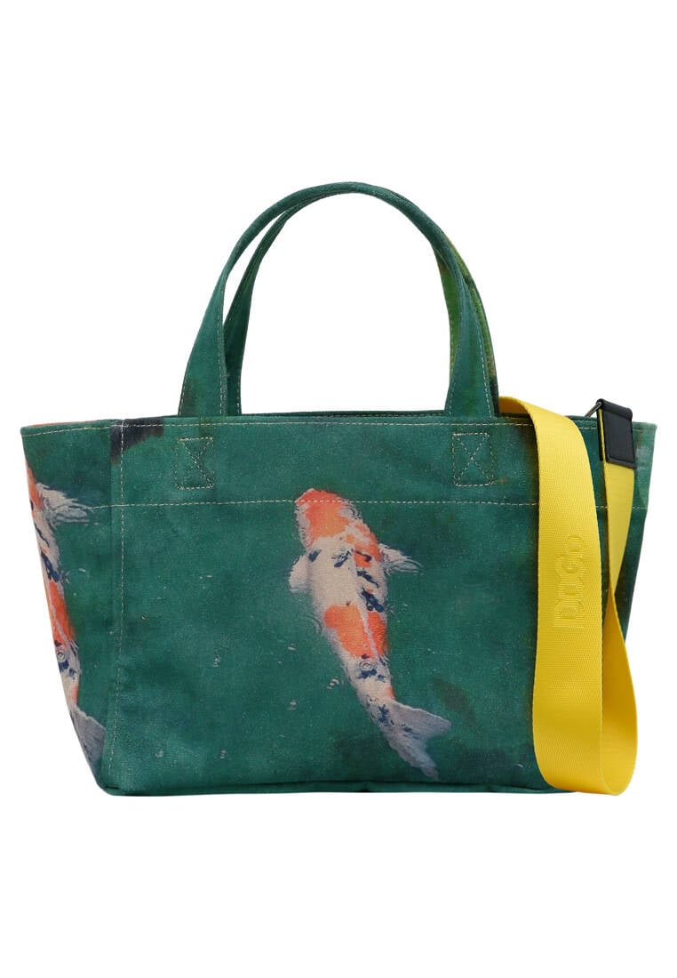 Women Vegan Green Medium Tote Bag - Koi Design