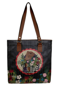 Women Vegan Leather Shoulder Bag - Bear and Flowers Design