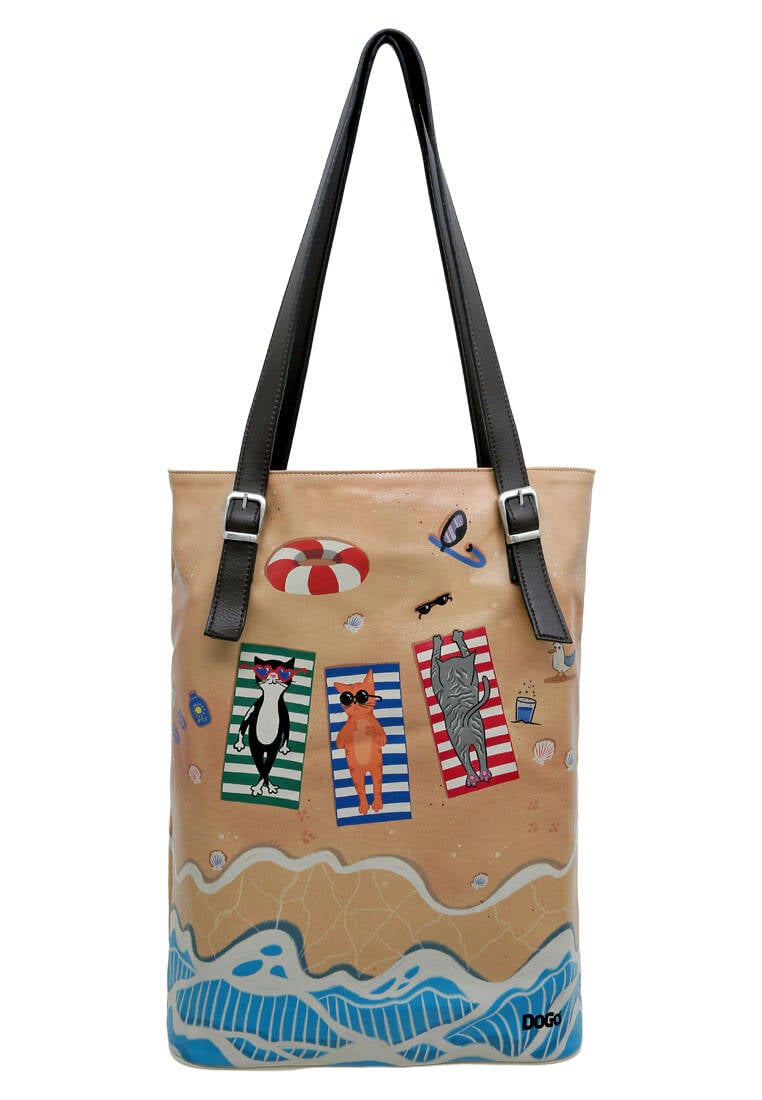 Women Vegan Leather Multicolor Shoulder Bag - Cats on the Beach Design