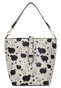Women Vegan Leather White Handbag - Count Sheeps Design
