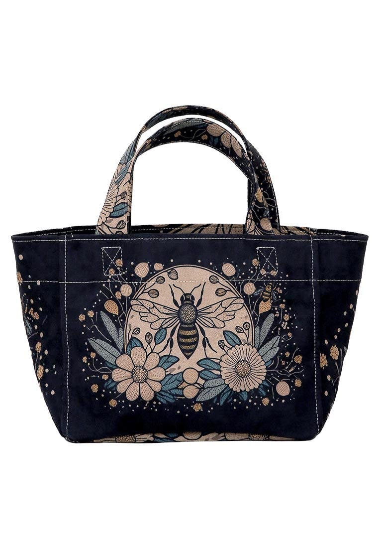 Women Vegan Leather Anthracite Medium Tote Bag - Bee with Flowers Design