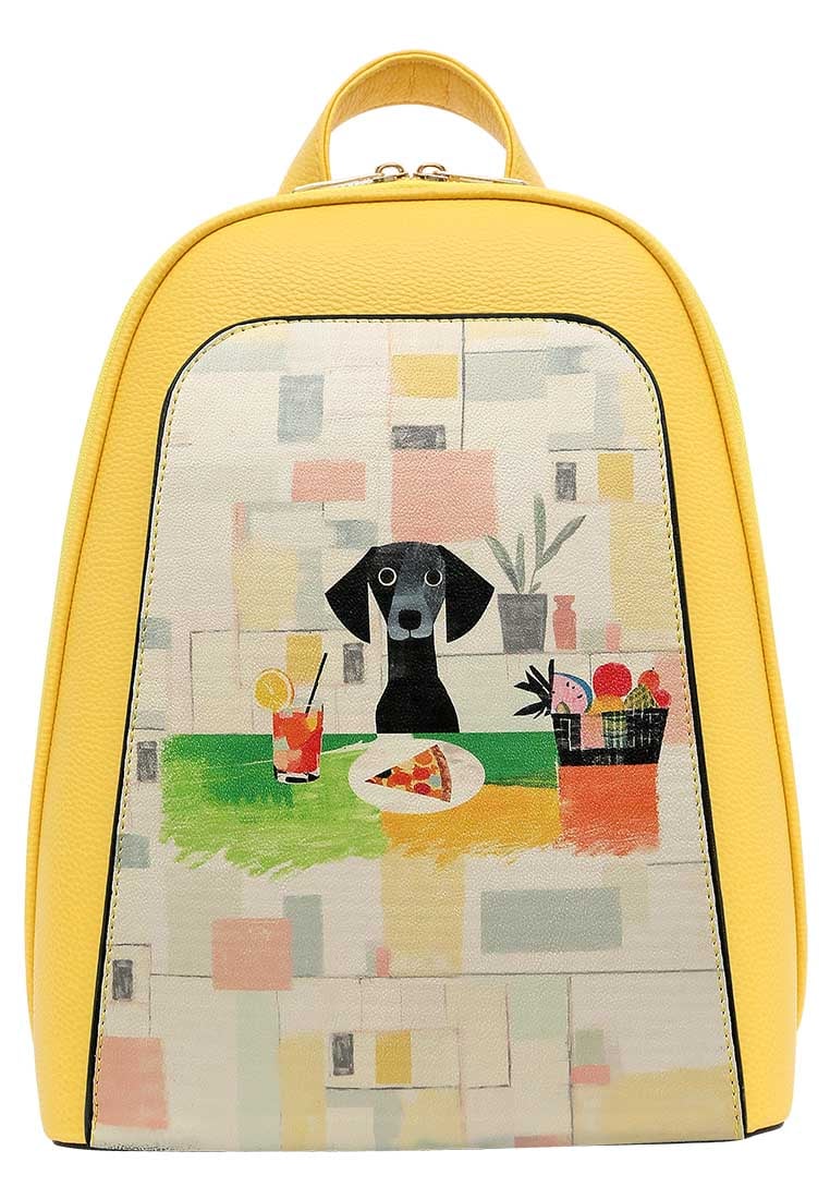 Women Vegan Leather Yellow Backpack - Table for a Pup Design