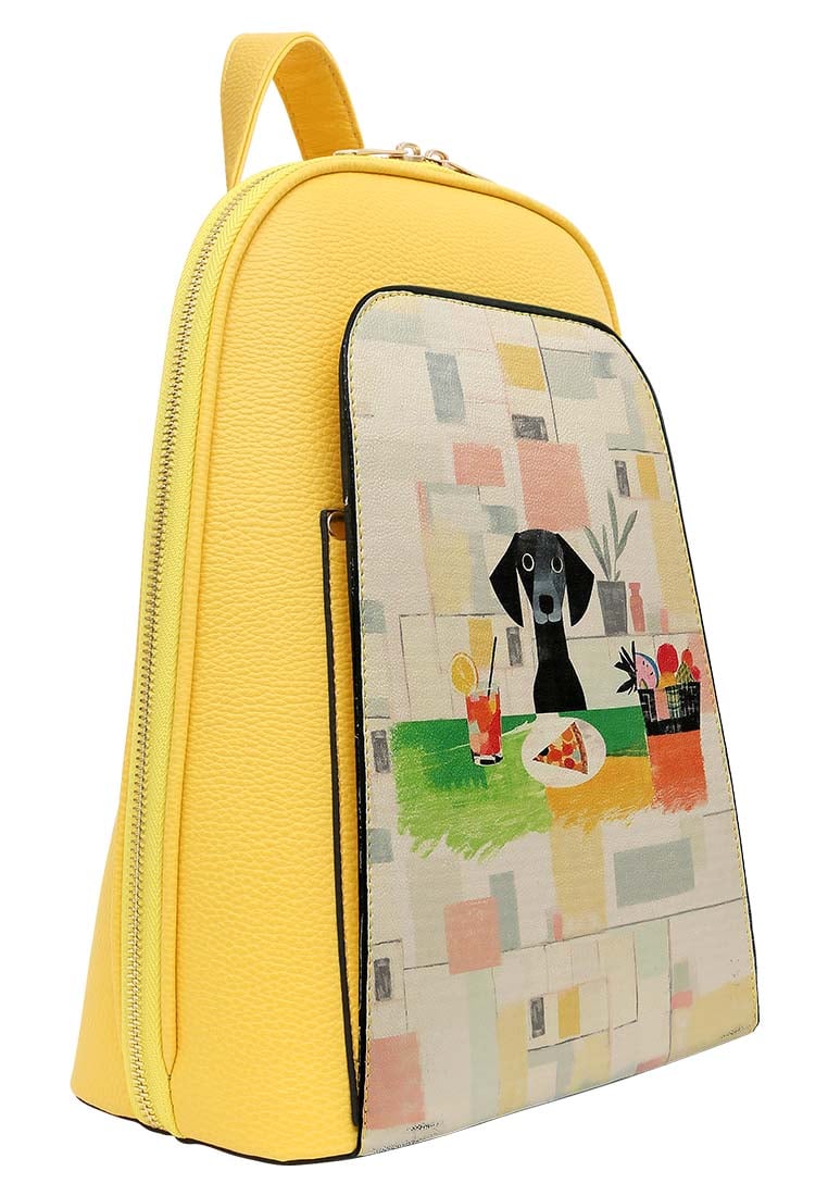 Women Vegan Leather Yellow Backpack - Table for a Pup Design