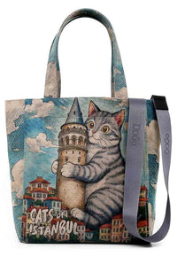 Women Vegan Blue Large Tote Bag - Galata Cat Design