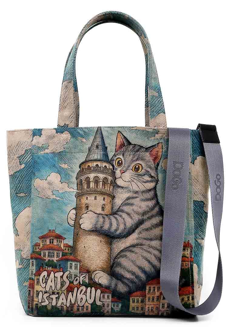 Women Vegan Blue Large Tote Bag - Galata Cat Design