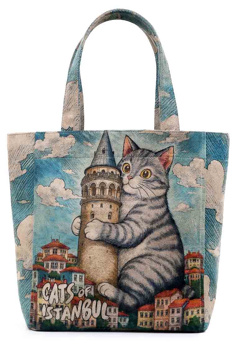 Women Vegan Blue Large Tote Bag - Galata Cat Design