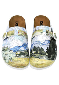 Women Vegan Leather Multicolor Slippers - Vincent van Gogh A Wheat Field with Cypresses Design
