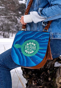Women Vegan Leather Blue Shoulder Bag - Born To Travel In The Ocean Design