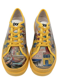 Women Vegan Leather Yellow Sneakers - Sunsets and Silhouettes Design