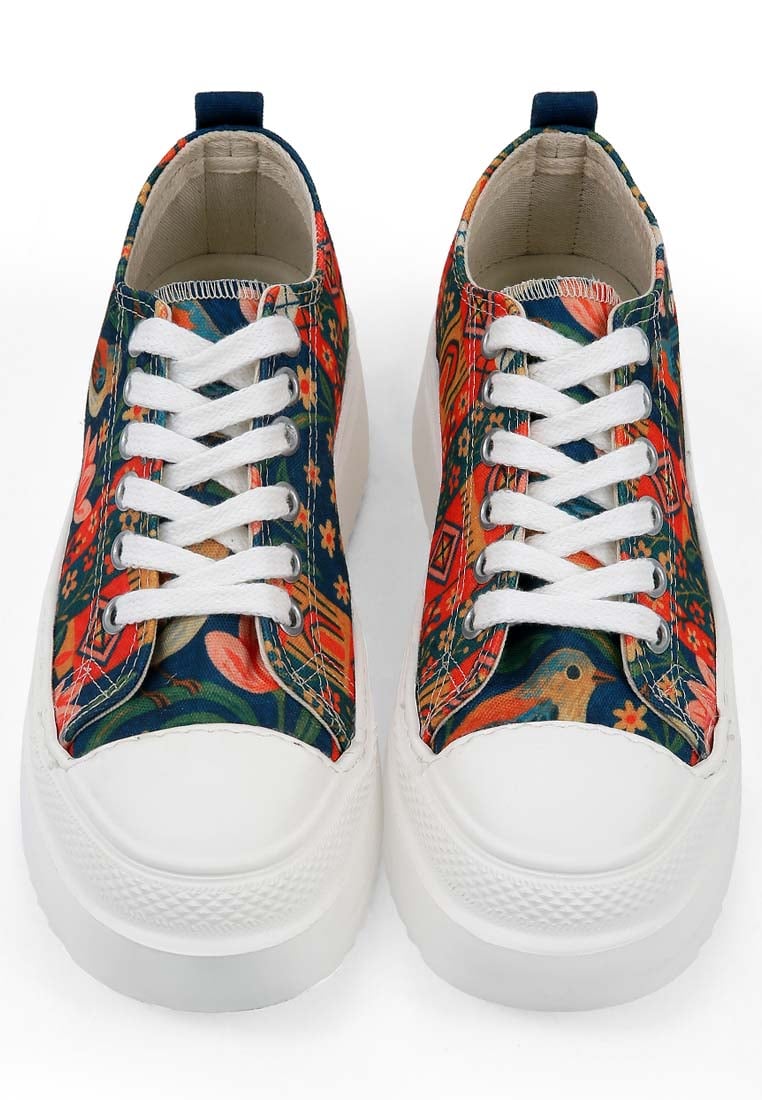 Women Vegan Multicolor Platform Sneakers - Gardern Birds Design