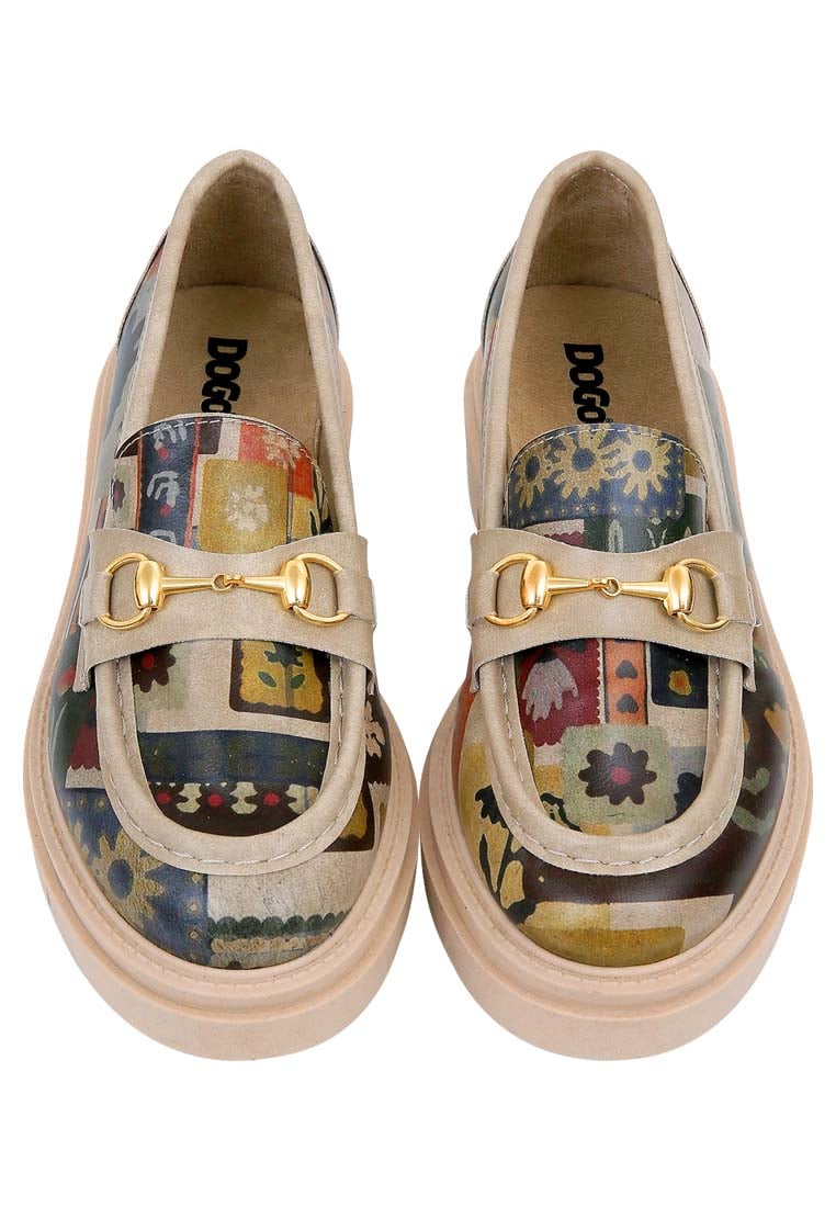 Women Vegan Leather Cream Loafers - Anatolian Patterns Design