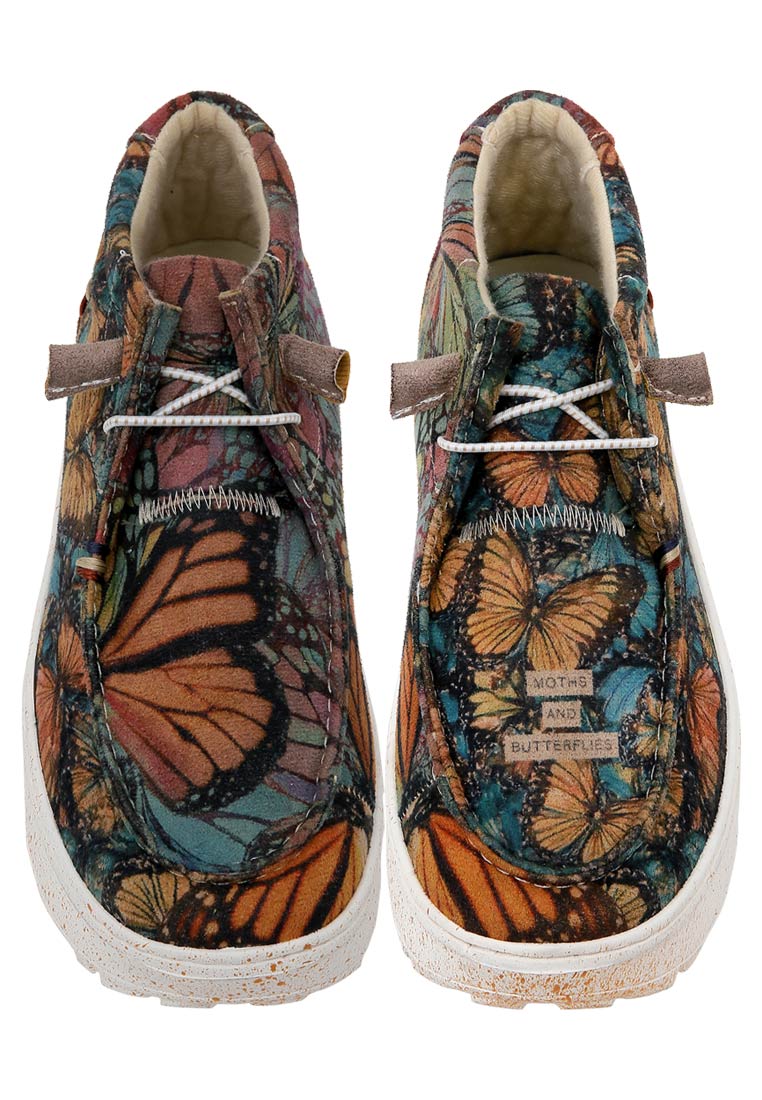 Women Vegan Leather Cream Boots - Moths and Butterflies Design