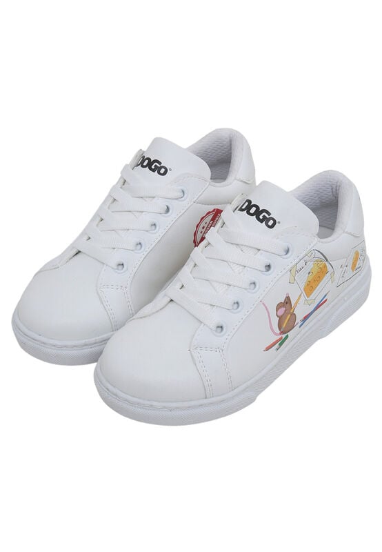 Unisex Kids Vegan Leather White Sneakers - Mission Cheese Possible Design