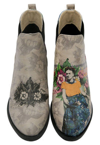 Women Vegan Leather Beige Ankle Boots - A Flower From The Past Frida Kahlo Design