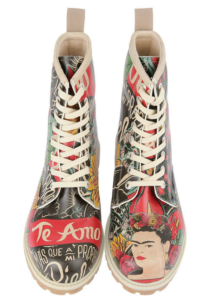 Women Vegan Leather Green Long Boots - Te Amo Frida Kahlo Design