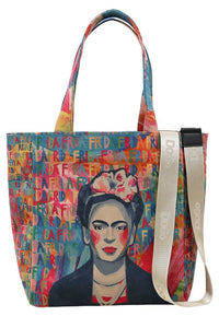 Women Vegan Multicolor Large Tote Bag - Frida Kahlo in Letters Design