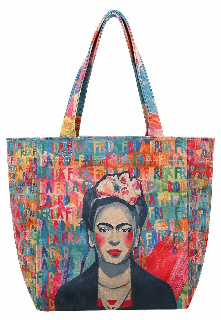 Women Vegan Multicolor Large Tote Bag - Frida Kahlo in Letters Design