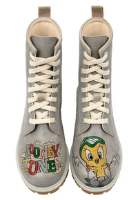 Women Vegan Leather Grey Long Boots - Warner Bros Tweety Looney Tunes Ski Club Design