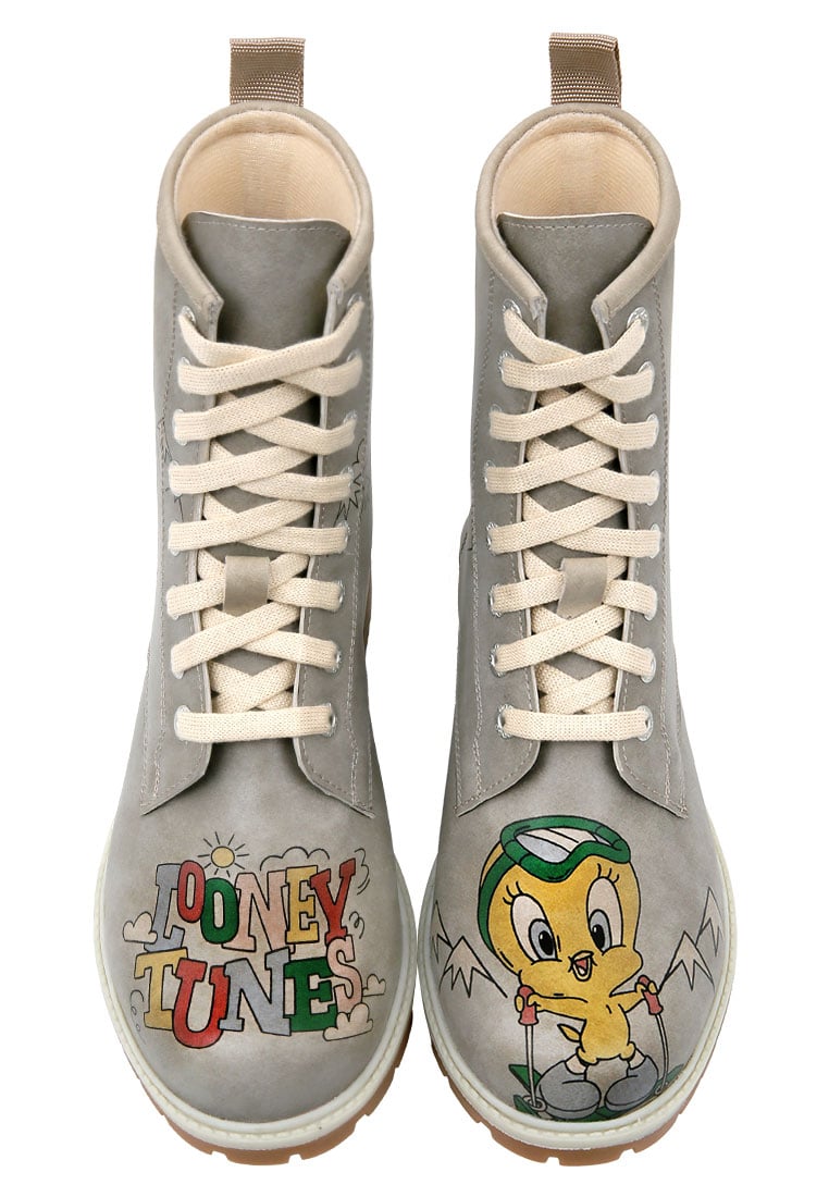 Women Vegan Leather Grey Long Boots - Warner Bros Tweety Looney Tunes Ski Club Design